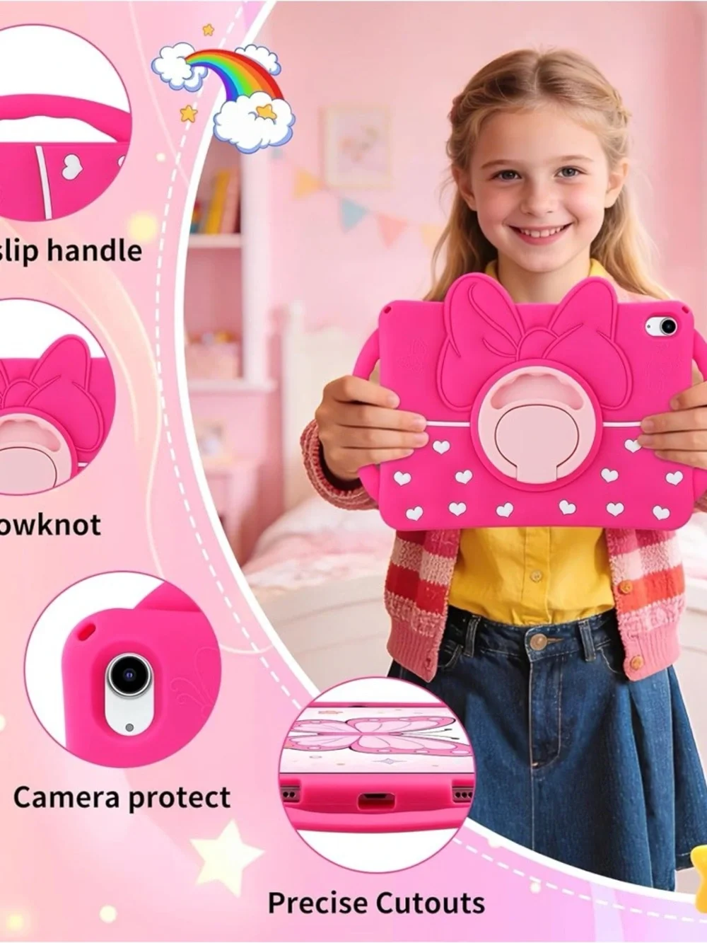 iPad 10th Gen 10.9 Case Kids Pink Bow Stand Handle Shockproof iPad A16 11 Case